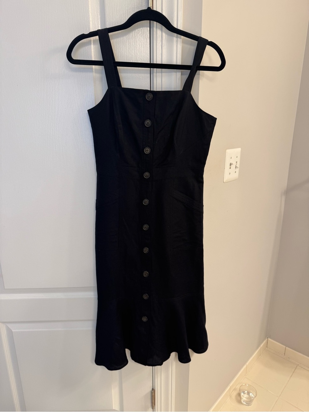Banana Republic Black Linen Button-Front Midi Dress with Wide Straps